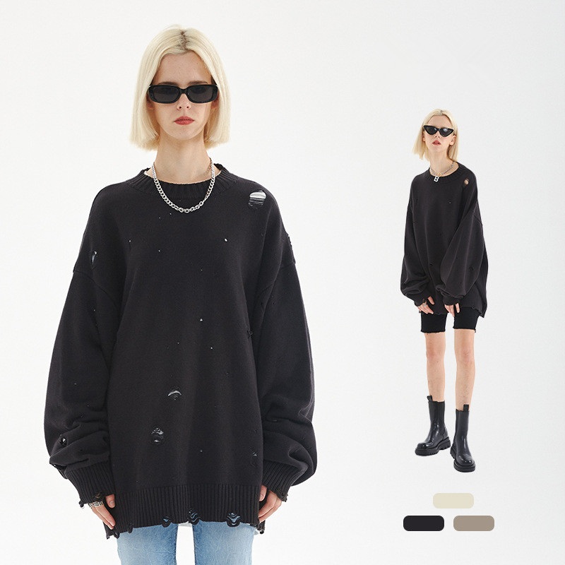 Autumn and Winter New 460g Cotton Heavy Weight High Street Round Neck Knitwear Worn-out/Hole Oversized Fashion Casual Loose Sweater/Coat – Sweater and Mens Sweater price|S