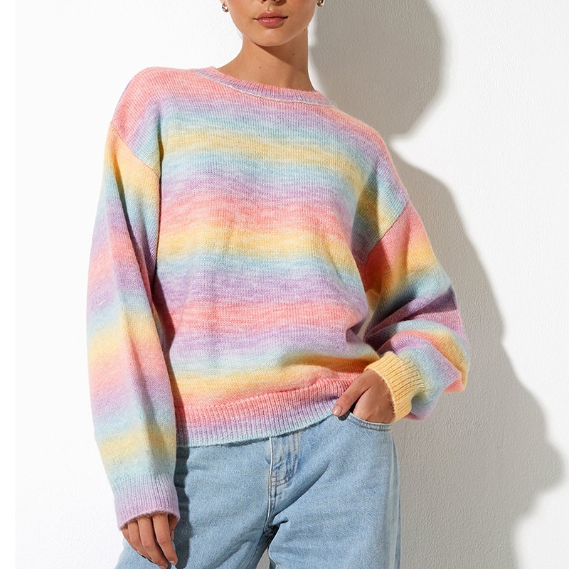 Autumn Winter Iridescent Gradient Long Sleeve Sweater Stripe Knitted Pullover Sweater for Women – Knitting Sweater and Pullover Sweater price|S