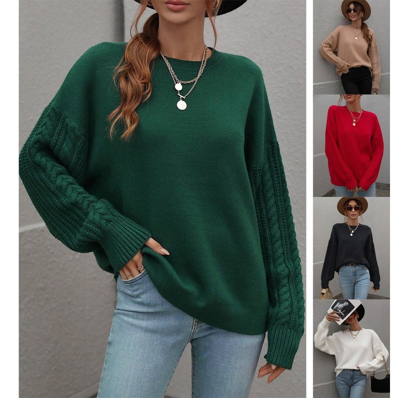 Autumn Winter Solid Color Clothes Blouse Women Cable Sleeve Thick Round Neck Twisted Women Sweater – Woman Sweaters and Cable Sweater price|S