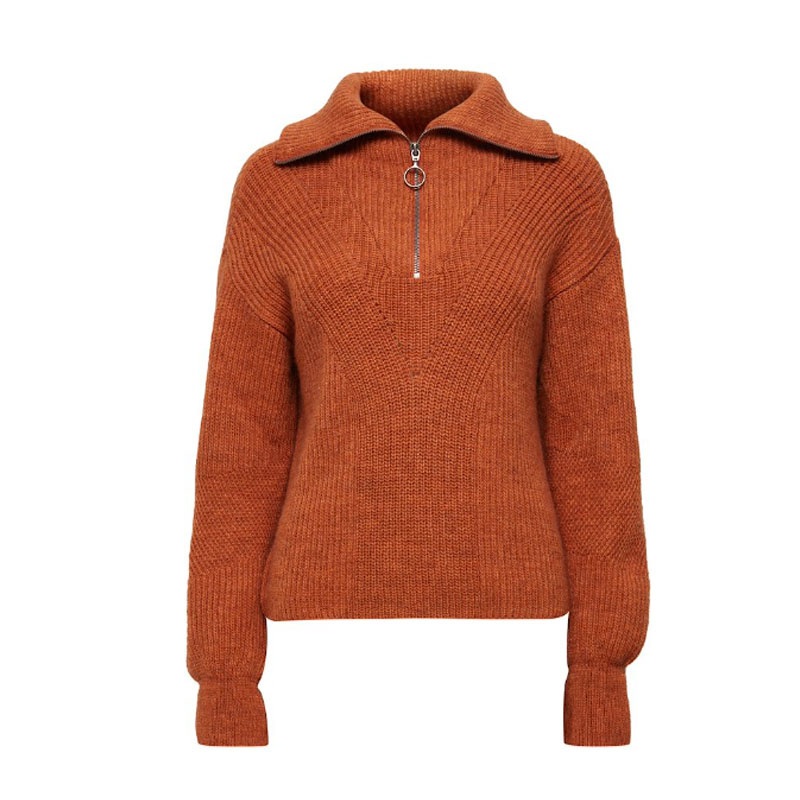 Classical Zipper Solid Color Stand-up Collar Knitted Polyacrylic Pullover Long Sleeve Sweater – Clothing and Sweater price|S