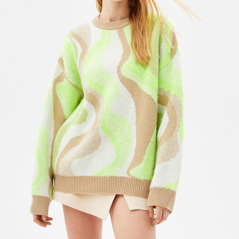 Custom Logo OEM ODM Color Block Women Sweater Jacquard Long Sleeve Knitted Winter Knitwear Women Crew Neck Sweater – Knitwear and Knitted Sweater Knitwear price|S, Customized