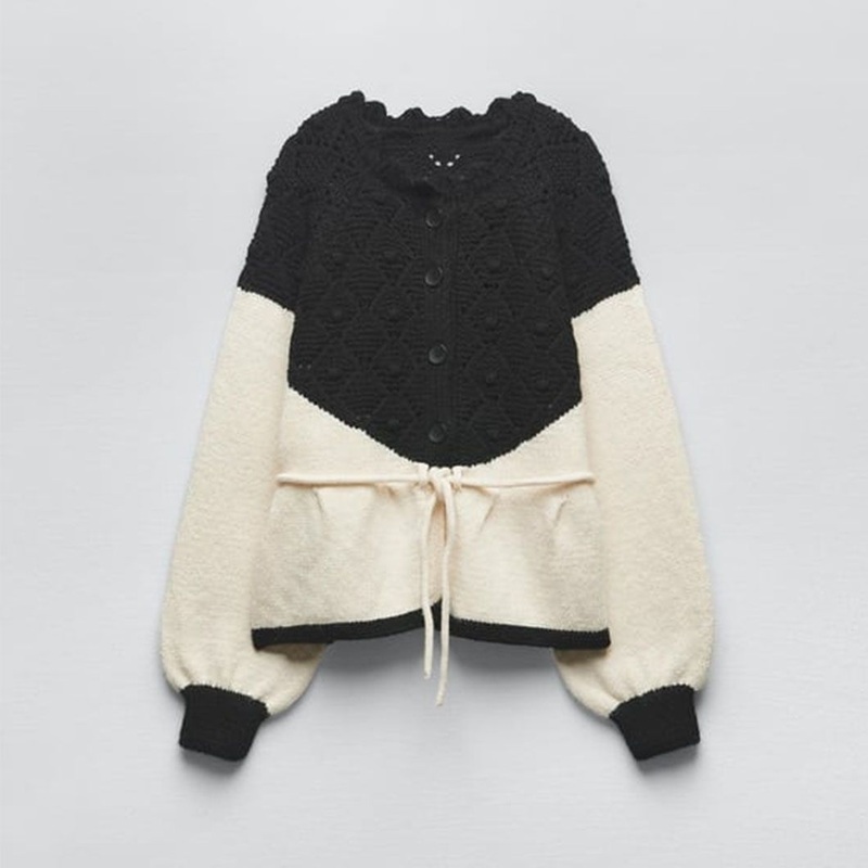 Drawstring Knit Ruffled Collar Cardigan Sweater with Balloon Sleeves Women Sweater – Knitting Sweater and Knitwear Sweater price|S
