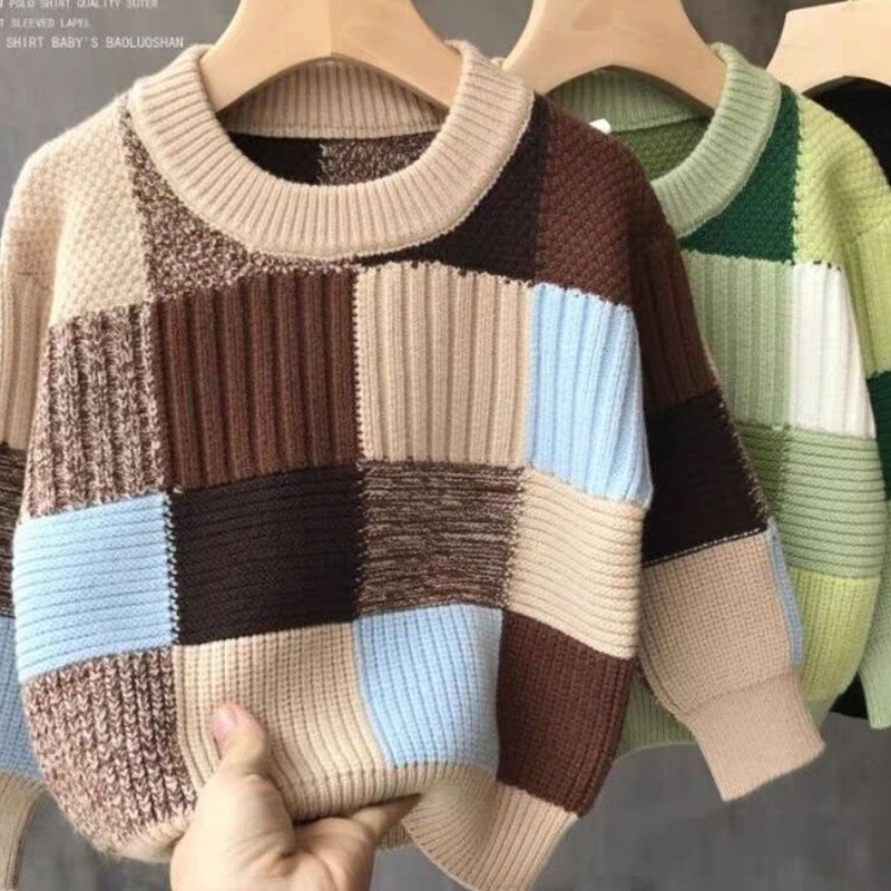 Fashion Squard Patterned Kids Sweater Crew Neck Knitted Pullover Boys Clothing – Knitwear and Kids Sweater price|S