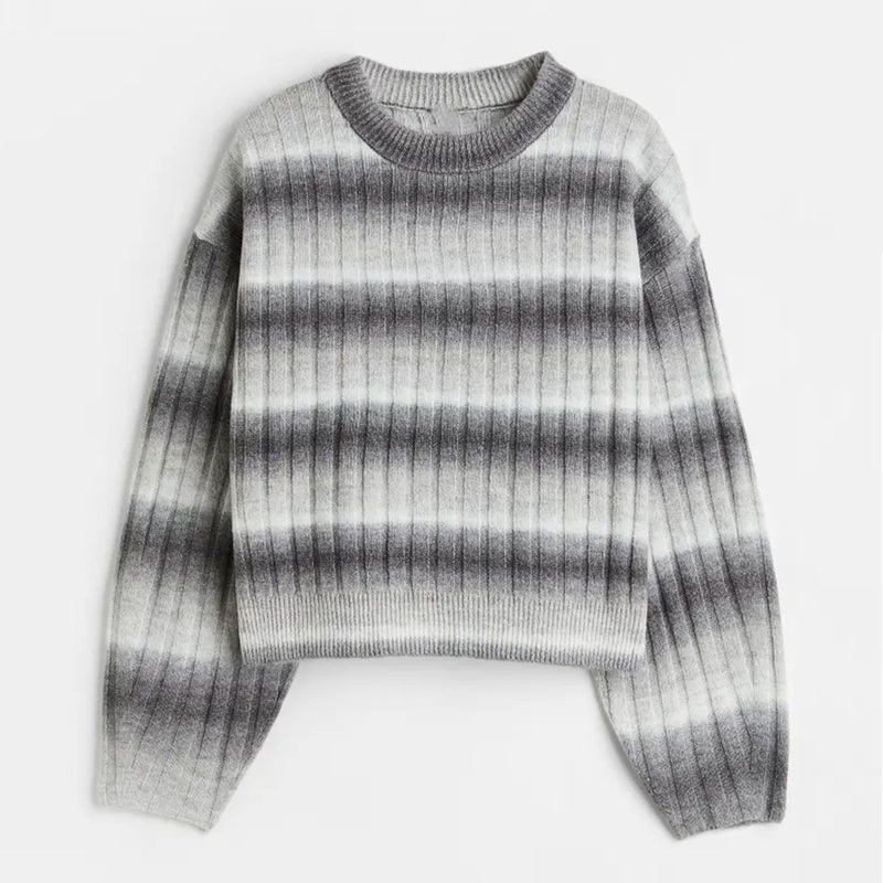 Light Grey Striped Color Pullover Sweater Soft Ribbed Knitted Jacquard Women Clothing – Women Clothing and Pullover Sweater price|S
