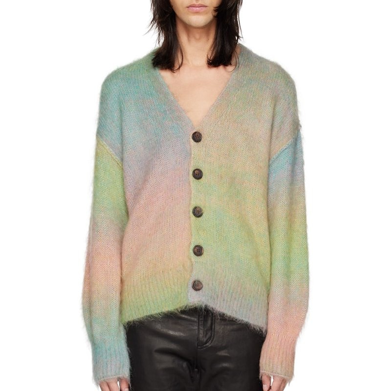 New Mohair Tops Stitching Gradient Color Cardigan Men Single-Breasted V-Neck Sweatshirt Men Rainbow Colored Jacket Men Sweater – Mens Sweater and Striped Sweater price|S, S/M/L/Customized Size