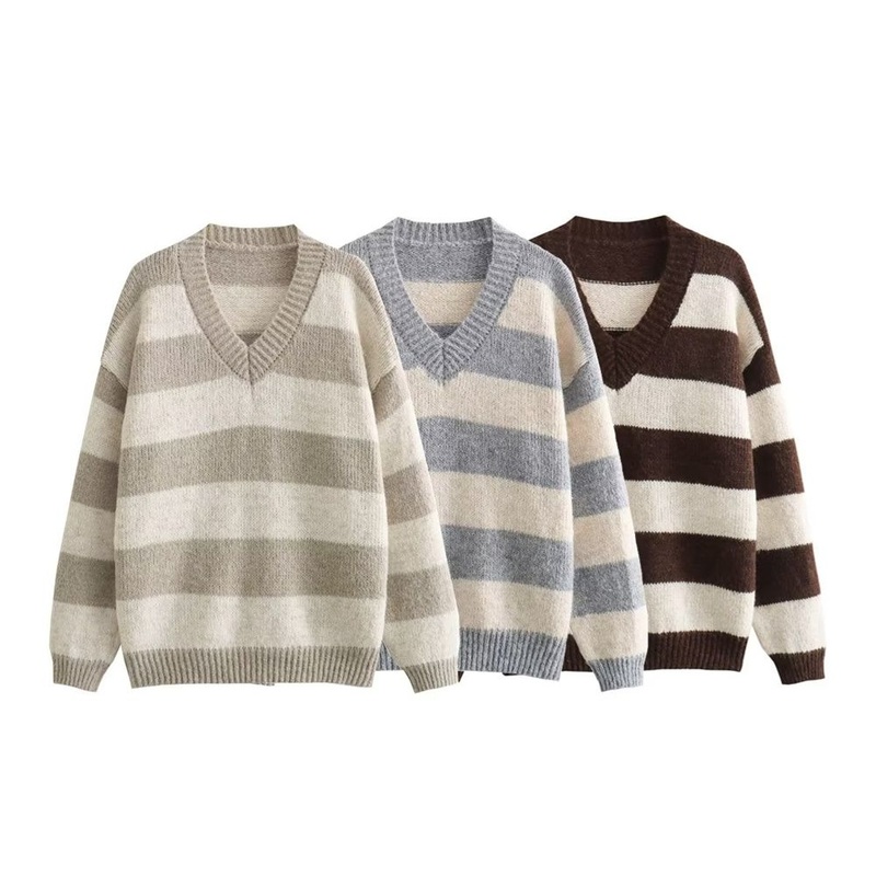 Pb&Za Womens Wholesale Three-Color Striped Patchwork Pullover Sweater – Designer Sweater and Sweaters for Women price|S, One Size Fits All