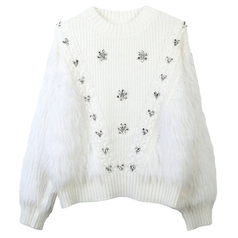 Stylish Rhinestones Decoration Computer Knitting Hairy Ladies Jumper Women Knitted Pullover Sweater – Ladies Jumper and Pullover Sweater price|S