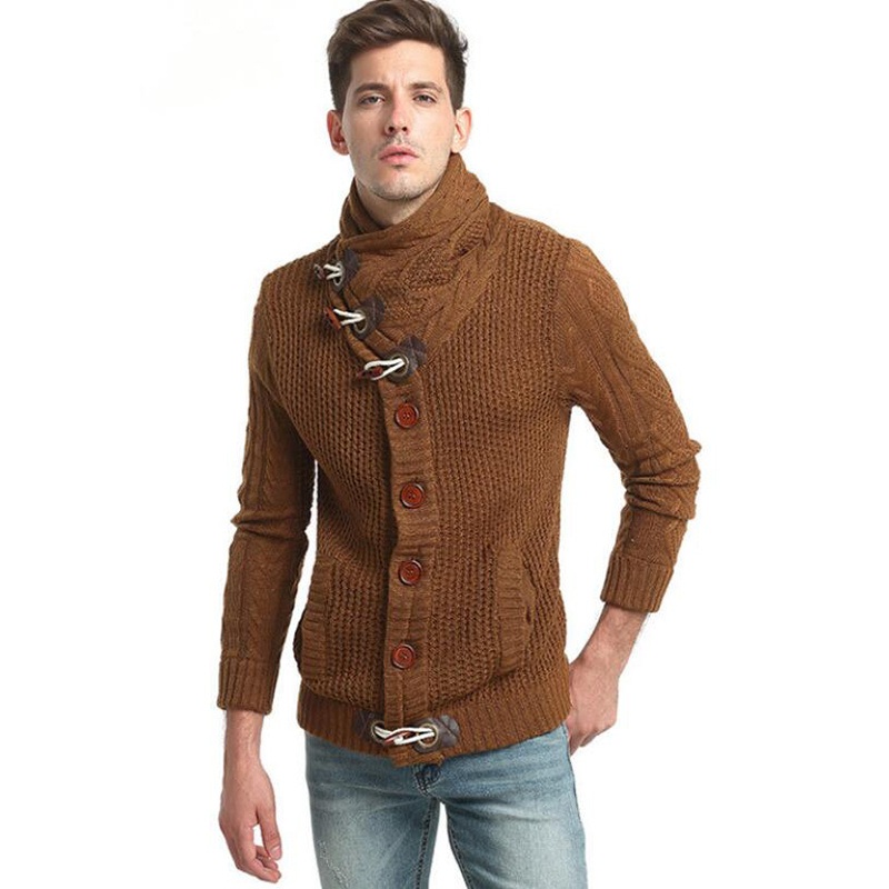Winter Mens Loose Elastic Turndown Collar Horn Buckle Sweater Cardigan – Men Autumn Winter Sweater Top and Sweater Cardigan price|S, M, L, XL, 2XL, 3XL