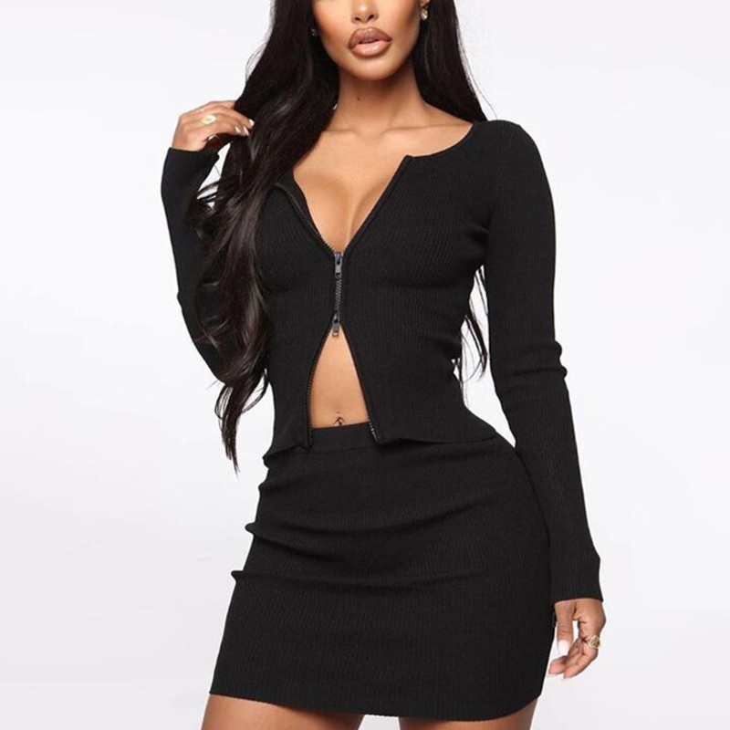Women Autumn Double Zippers Slim Knit Plain Crop Top Cardigan Sweater and Dress 2PCS Set – Autumn Winter Sweater and Fashion Sweater price|S, S, M, L, XL