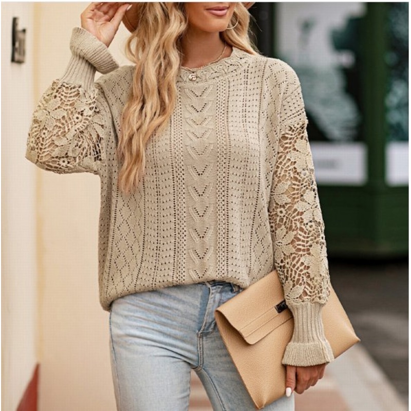 Women Winter Lace Stitched Long Sleeve Pull Over Sweater – Lace Decoration Sweater and Long Sleeve Round Neck Sweater price|S