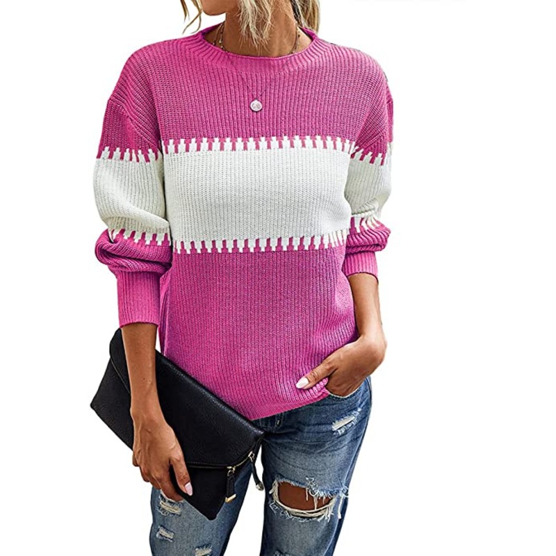Womens Chunky Knit Color Block Knit Sweater Long Sleeve Crewneck Cozy Loose Jumper Pullover Tops – Stripe Sweater and Color Block Pullover price|S