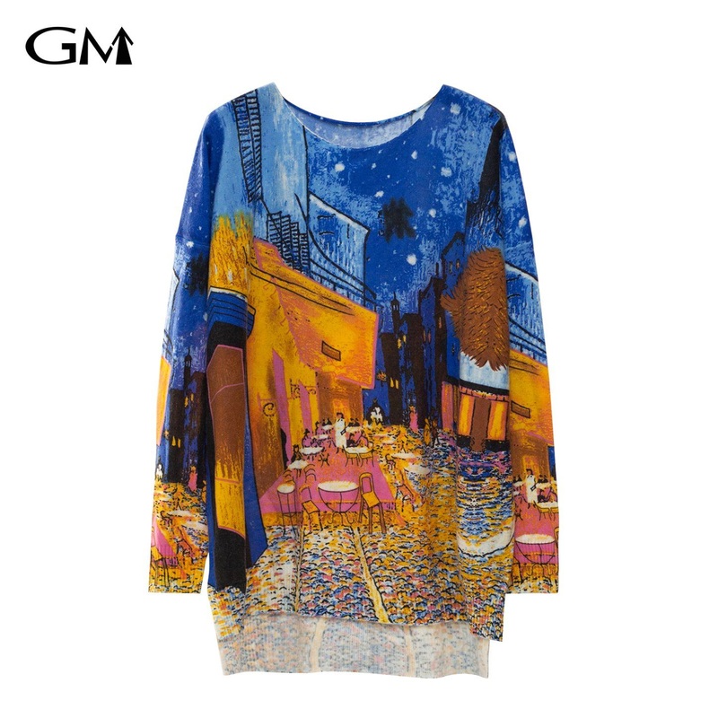 Womens Oil Painting Printing Loose Round Neck Knitting Top – Top and Printed price|L