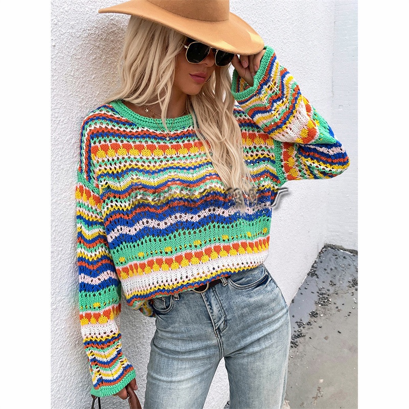 Womens Splice Knitwear Loose Crew Neck Stripe Womens Fashion Sweater – Sweater and Womens Sweater price|S