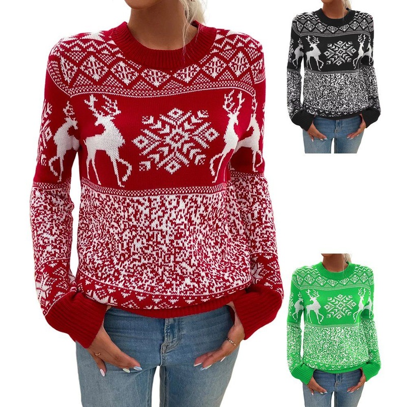 Christmas Clothes Women Round Collar Elk Print Trendy Acrylic Knitwear Sweater – Ladies Pullover Sweater and Sweater price|S, S, M, L, XL, XXL