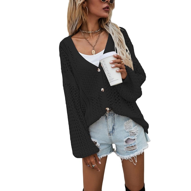 Custom Clothing Ladies Black Hollow out V Neck Sweater Cardigan – Ladies Sweater and Hollow-out Sweater price|S, S, M, L, XL, XXL