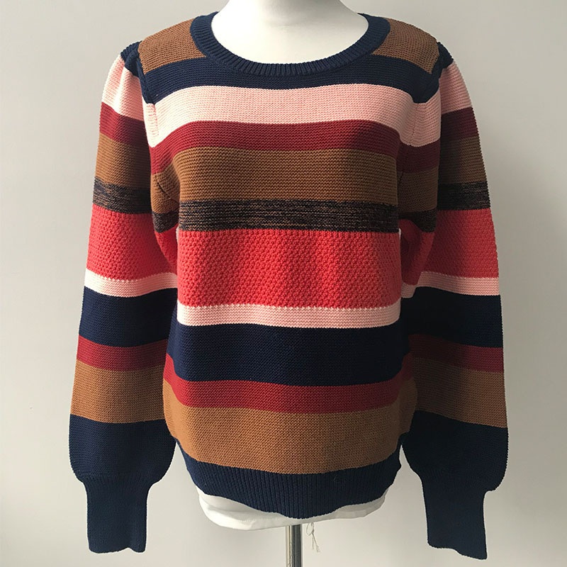 Fashion Mixed Color Striped Puff Sleeve Pullover 100% Organic Cotton Knitting Sweater for Ladies – Sweater and Pullover price|S