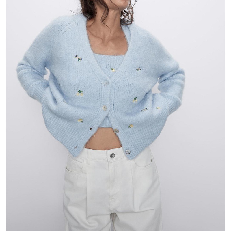 Floral Embroidered Knitted Women Cardigan Sweater V Neck Female Girl Cadigant Tops Sweater – Women Clothes and Clothing price|S