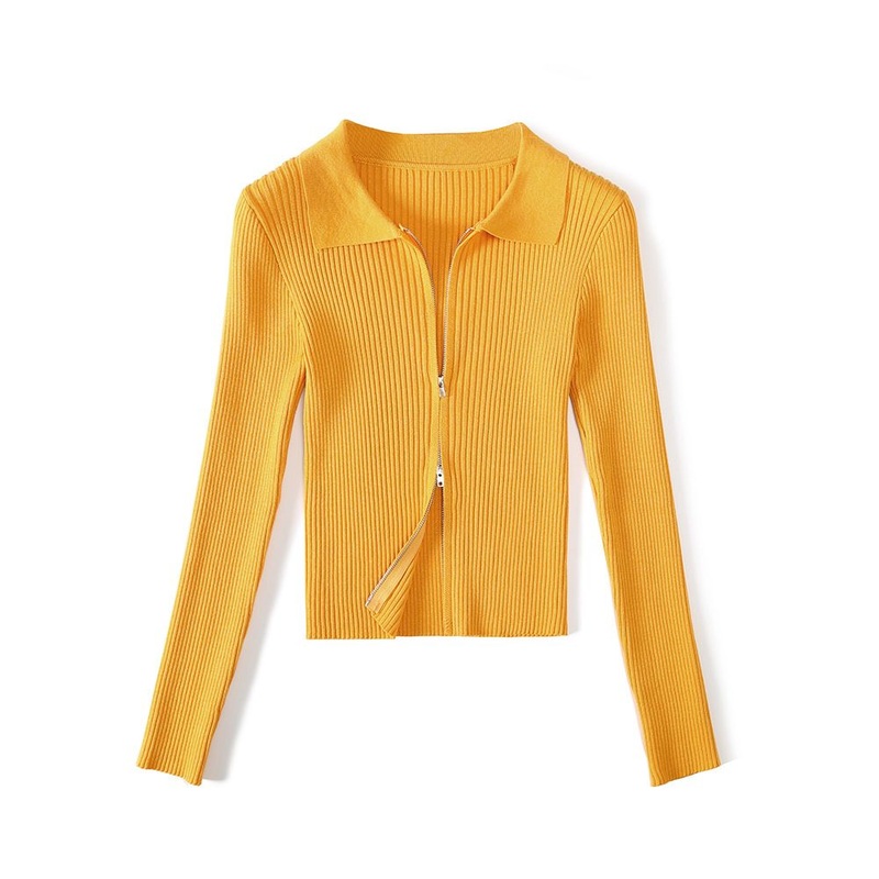 OEM Factory Customized Double-Headed Zippered Knitted Cardigan Ladies New Long-Sleeved Tight Fashion Short Top with Sweater Polo Collar Sweater/Sweaters – Sweater and Womens Sweater price|S