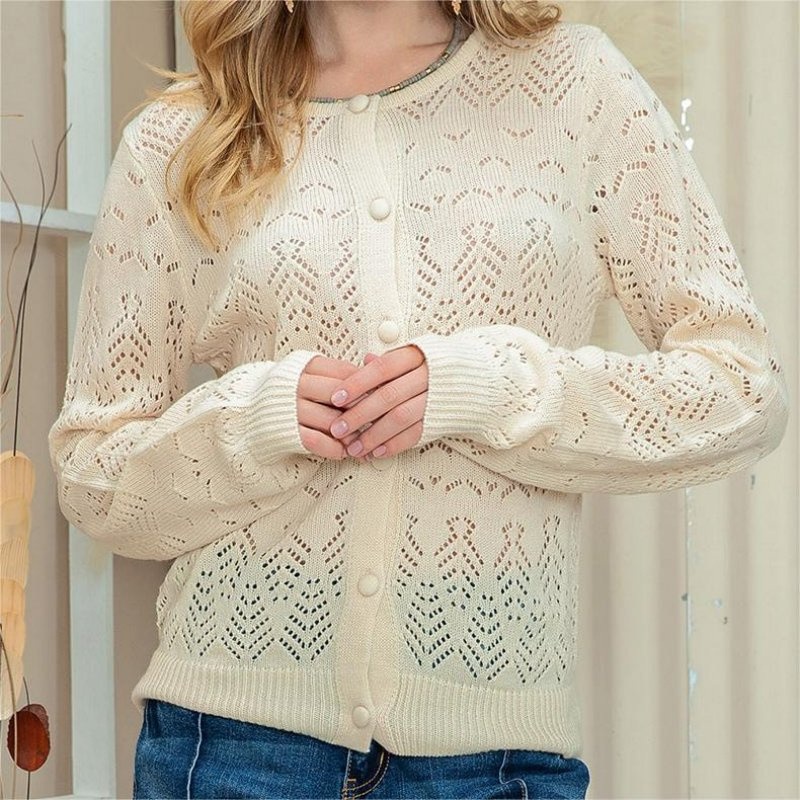 Womens Hollowed out Long Sleeve Knit Cardigan – Ladies Sweater and Striped Sweater price|S, S/M/L/Customized Size