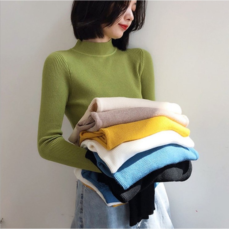 Autumn Winter Half Turtleneck Sweater Skintight Middle Neck Knitwear All Matching Bottoming Shirt for Ladies – Pullover and Jumper price|S