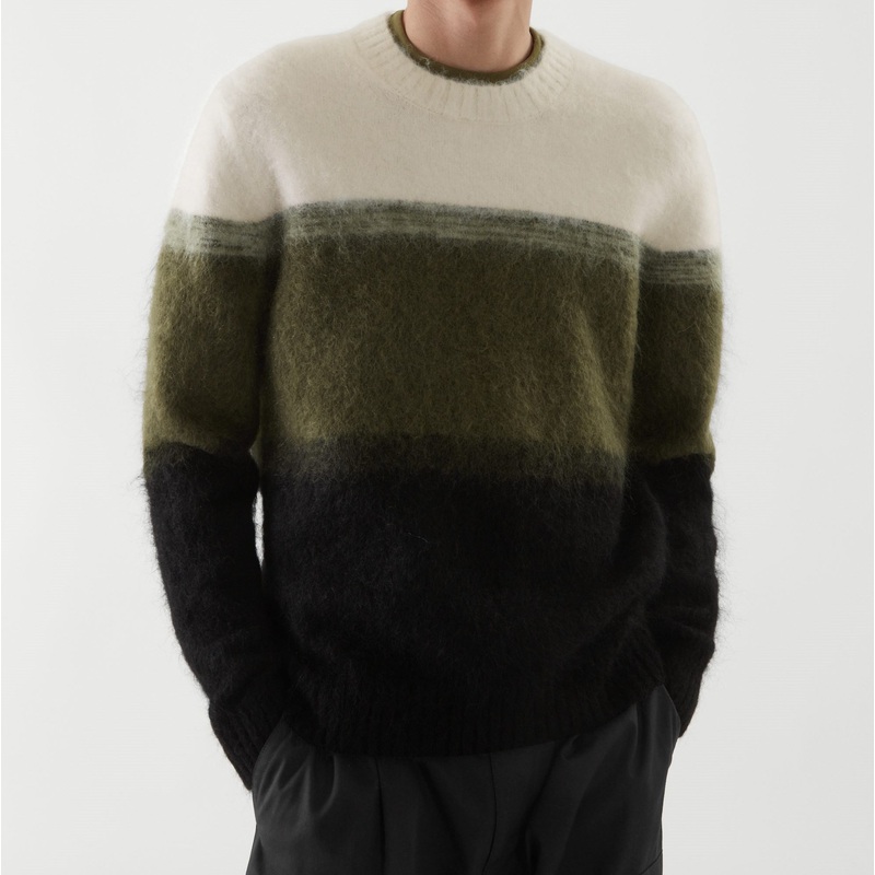 Brand Designer Wool Mohair Fuzzy Fluffy Striped Color Contrast Men Knit Jumper Sweater – Sweater and Men Sweater price|S
