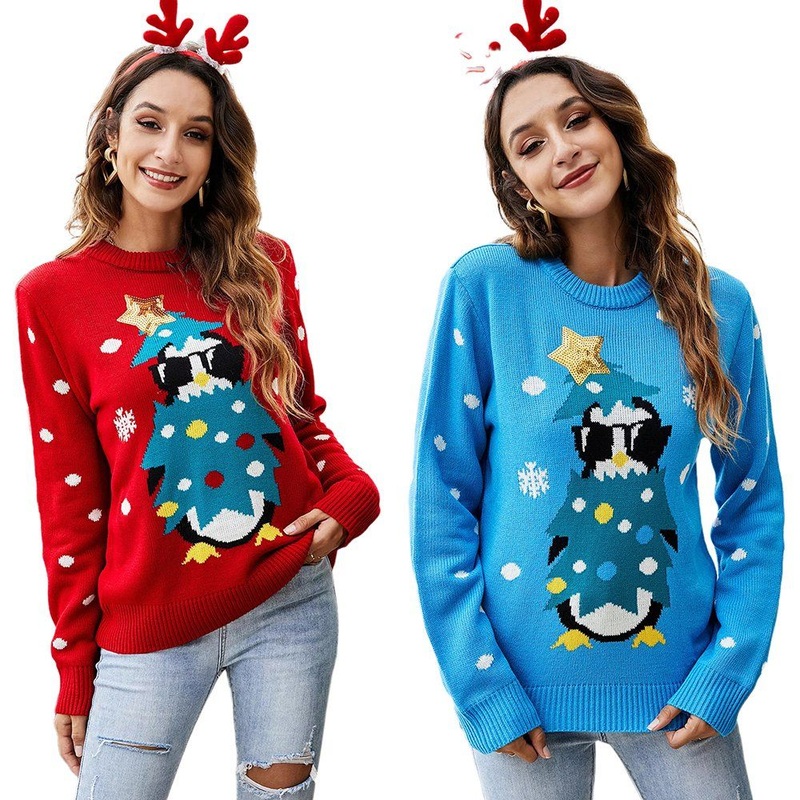 Christmas Apparel Penguin Print Sequin Detail Pullover Sweater for Women – Ladies Pullover Sweater and Sweater price|S, S, M, L, XL