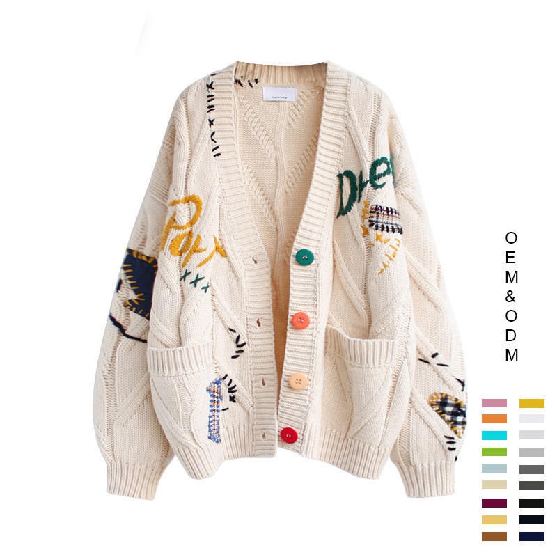 Custom Logo Oversized Knitted Embroidery Cardigan Ladies Fashion Knit Jacquard Loose Women Cardigans Sweater with Pockets – Cardigan Knitwear and Cardigan Sweater for Women price|S