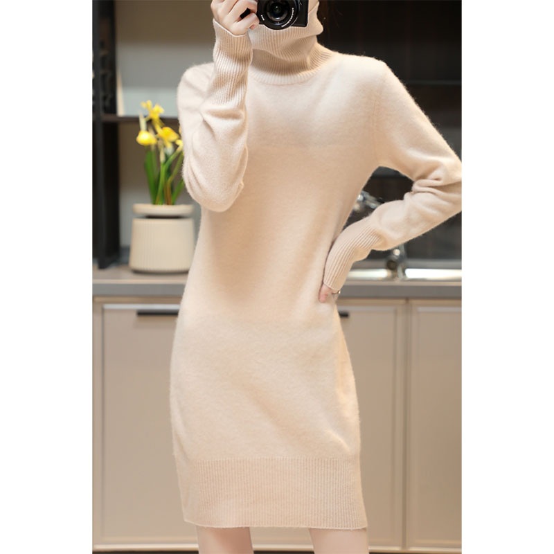 Elegant Cashmere Sweater Female Casual Long-Sleeve Womens 100% Merino Wool Autumn Winter Turtleneck Knitted Dress – Wool Dress and Sweater Dress price|S, Customized