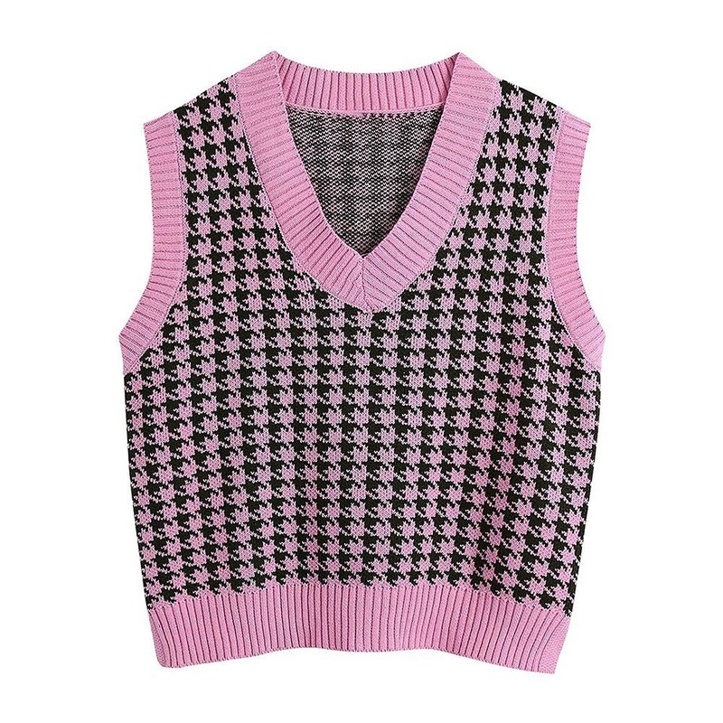 Good Quality Rosy Plaid Knit Loose Simple Sweater Vest – Custom Sweater Vest and Plus Size Sweaters Vest price|S, S, M, L, XL, XXL, Xxxl