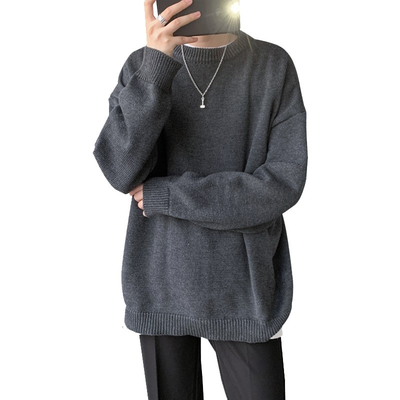 Hong Kong Wind Is Loose Round Get Bottom Knitwear Tide Ins Covers Head Languid Lazy Lovers Line Clothes Pure Color Sweater Male – Mens Clothing and Men Sweater price|S, M-2XL