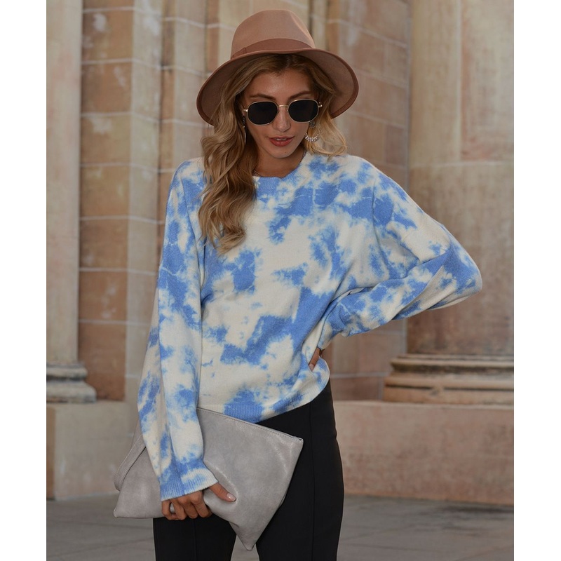 Knit Pullover Long-Sleeved Tops Blouses Blue Tie-Dye Sweater Knitwear for Ladies – Women Clothes and Clothing price|S