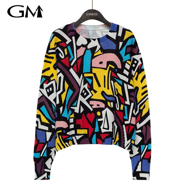 New Abstract Graffiti Printed Knit Top – New Knit Top and Fashion Graffiti Printed Knitted Top price