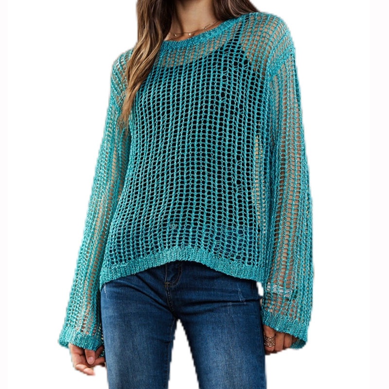 OEM Custom Y2K Fishing Net Jumper Womens Loose Round Neck Pullover Hollow out Tops Summer Broken Holes Knit Sweater for Women – Ladies Sweater and Striped Sweater price|S, S/M/L/Customized Size