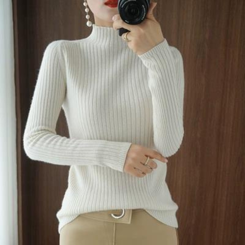 OEM Half High Collar Vertical Stripes Long Sleeve Knitted Lady Cashmere Clothing – White and Pink price|S-XXXL,Customizable