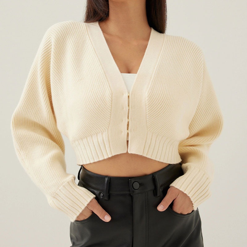 Spring V-Neck Short Cardigan Ladies Ribbed Knit Sweater Pullover Custom Plus Size Metal Button Jumper Short Womens Cardigan – Ladies Sweater and Striped Sweater price|S, S/M/L/Customized Size