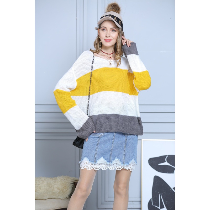 Striped Pullover Apparel Mohair Knitwear Stitching Trumpet Sleeve Sweater – Dress and Clothes price|S
