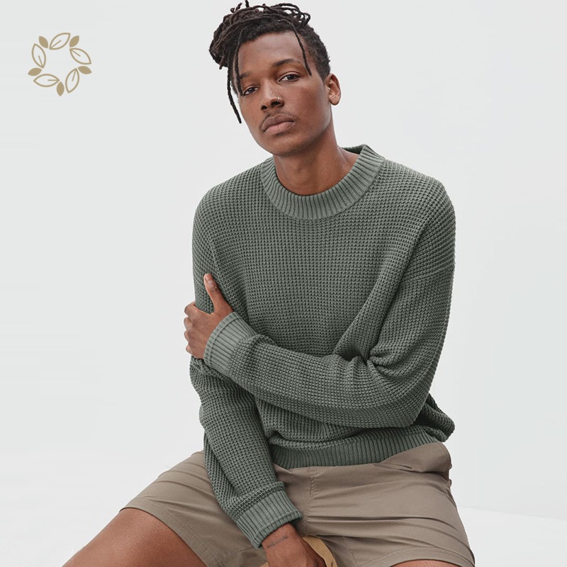 Sustainable Waffle Knitted Sweater Eco Friendly Sweater for Men Organic Cotton Polyester No-Sweat Waffle Relaxed Crew – Sweater and Knit Crewneck price|S