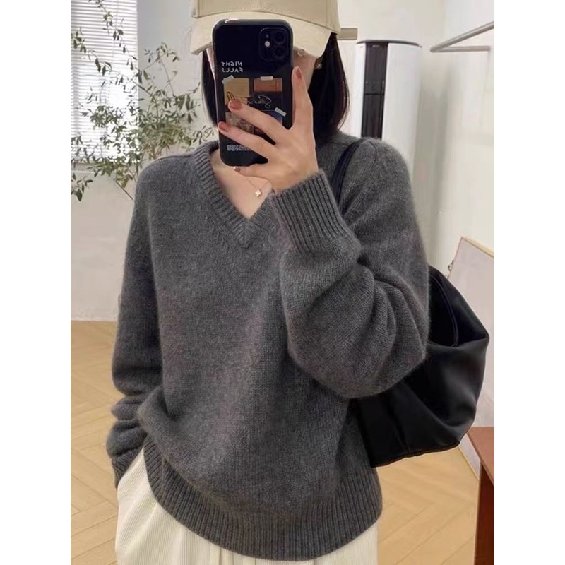 V Neck Thicken Women Lady Wool Sweater Long Sleeve Warm Pullover Autumn Winter Versatile New Style Fashion Top – White and Black price|S-XXXL,Customizable