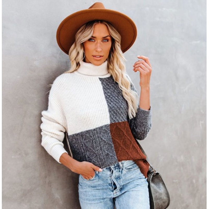 Women Fashion Color Block Turtleneck Pull Over Sweater – Color Block Sweater and Turtleneck Pull Over Sweater price|S