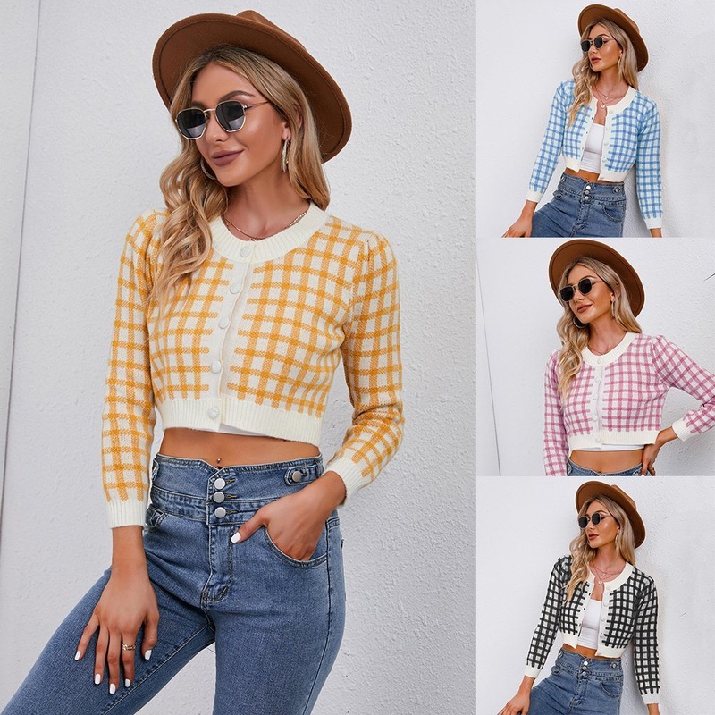 2023 Plaid Print Short Long Sleeve Fashion Knitted Cardigans Womens Sweaters – Women Clothing Vendor and Fall Hot Classic price|S