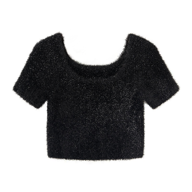 2025 Trendy Women Sexy Shirt Outfit Stylish Ladies Cute Short Sleeve Black Fuzzy Crop Top for Summer – Trendy Black Top and Crop Top for Women price|S/M/L