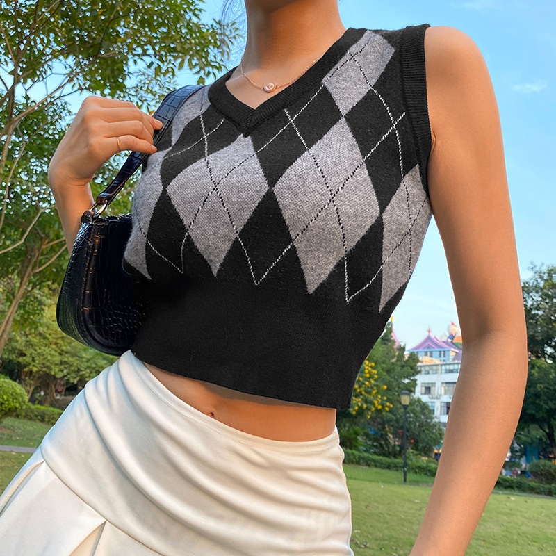 Courtyard Diamond Plaid Jumpers Sweater Shirt Short Cropped Top Womens Vest Sweater – Women Clothes and Clothing price|S