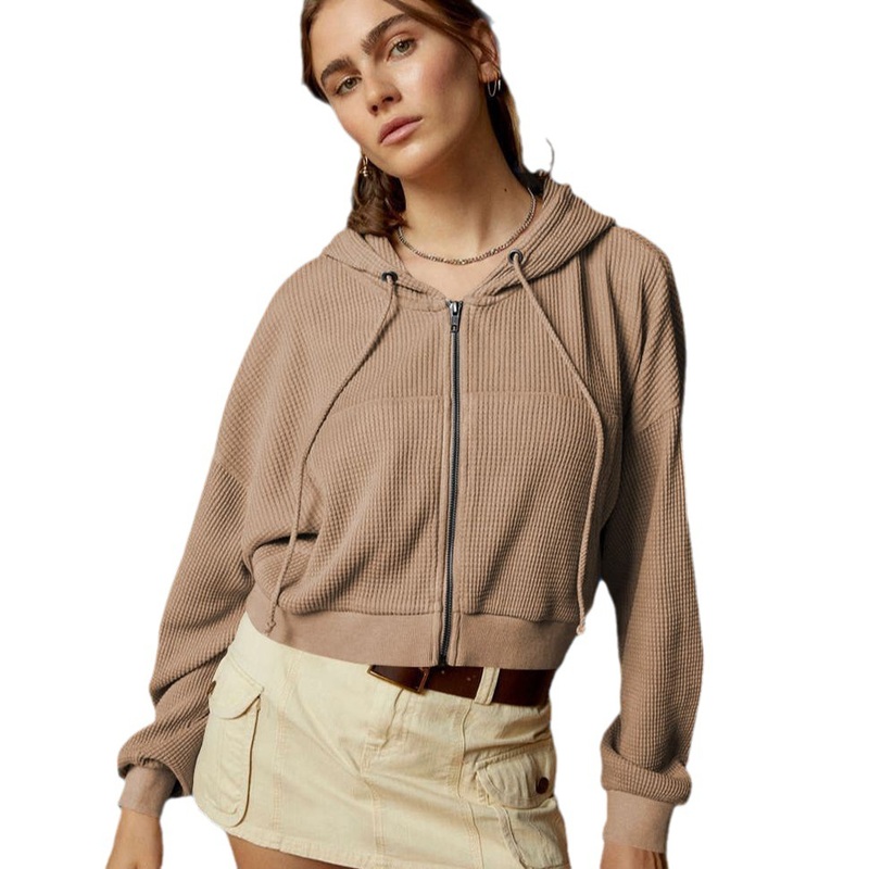 European and American Female Thin Hooded Zipper Cardigan Solid Color Short Coat – Hoodies and Sweater price|S