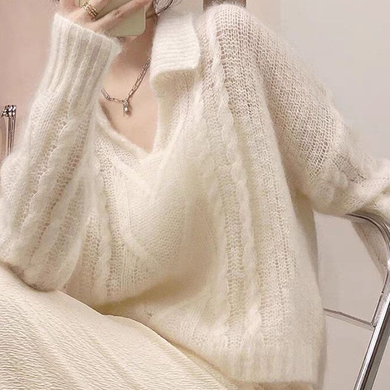 Fashion Polo Cable Mohair Sweater V-Neck Women Knitted Pullover – Knitwear and Women Clothing price|S