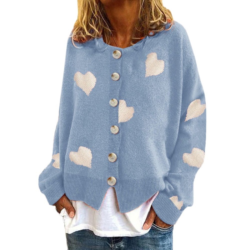 High Quality Light Blue Heart Print Button-Down Knit Cardigan for Ladies – Heart Print Cardigan and Button-Down Cardigan price|L, S, M, L, XL, XXL, 3XL