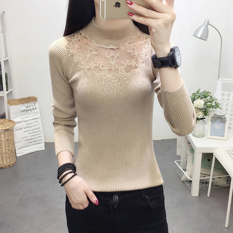 Knit Women Slim Long Sleeves Half High Collar Patchwork Gauze Bottom Top Lace Set Diamond Hollow-out Sweater – Half High Collar Patchwork Sweater and Collor with Lace Diamond Sweater price|S