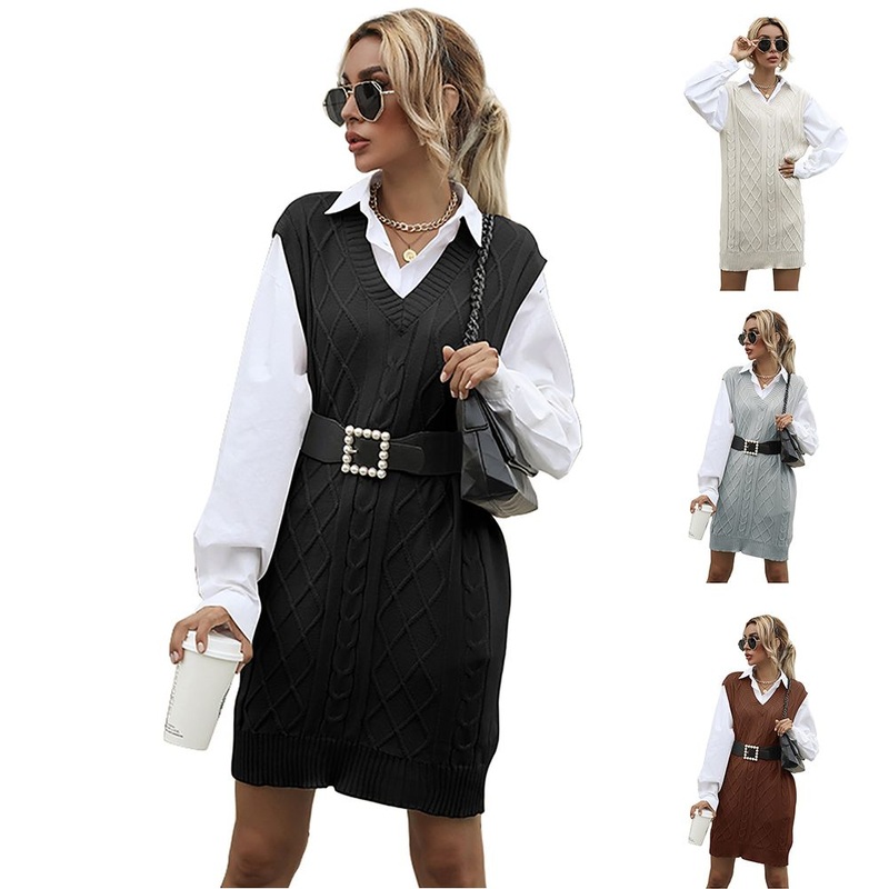 No MOQ Ladies Solid Color Tank Mini Sweater Dresses Knitted – Sweater Dress and V Neck Sweater price|S, S, M, L