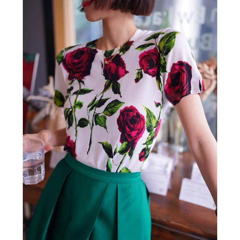 OEM 100%Cotton Women T Shirts O Neck Short Sleeve Female Casual Shirt Summer Fashion Ladies Floral Print Sweater – Ladies Sweater and Print Sweater price|S