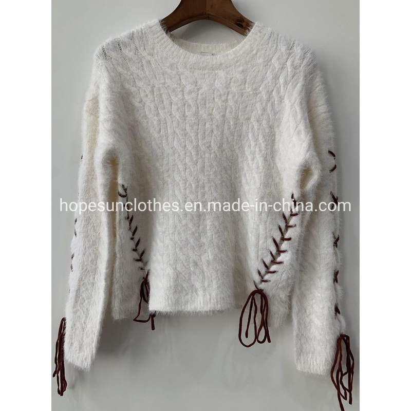 OEM Manufacturer Women Fur Cable Knit Pleated Tie Rope Soft Pullover Knitwear Sweater – Sweater Jumper and Sudaderas price|S
