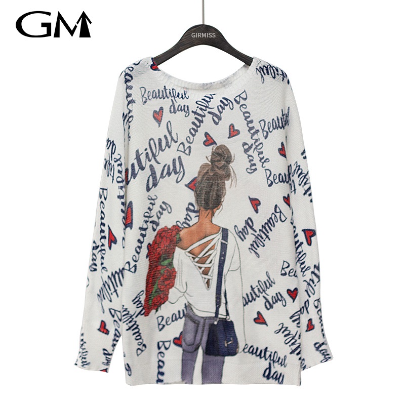 Simple Letter Printed Round Neck Loose Knit Top – Simple Printing Pullover and Fashion Print price|L